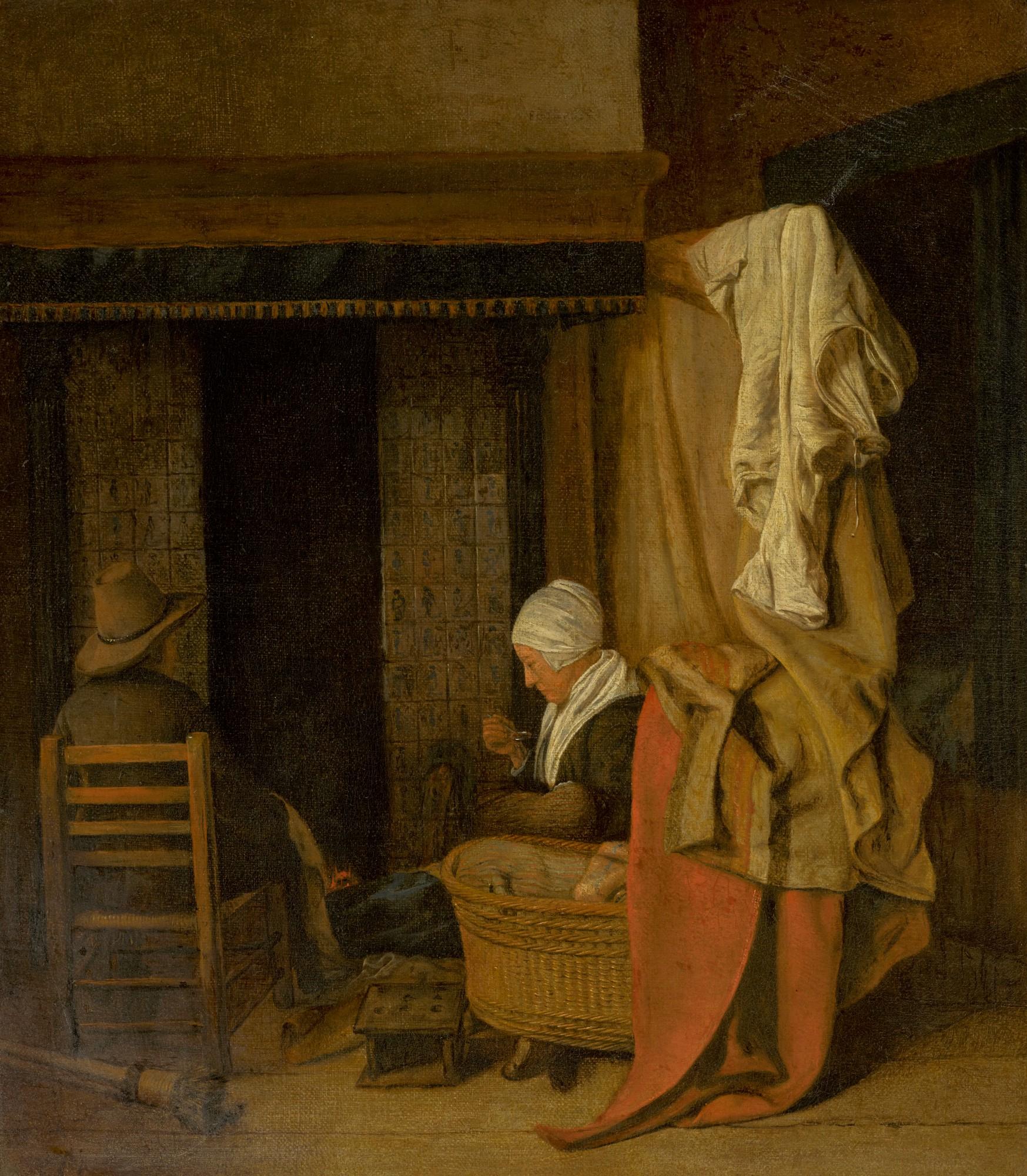 Esaias Boursse - Cottage Interior With A Peasant Family Sitting By A Fireplace