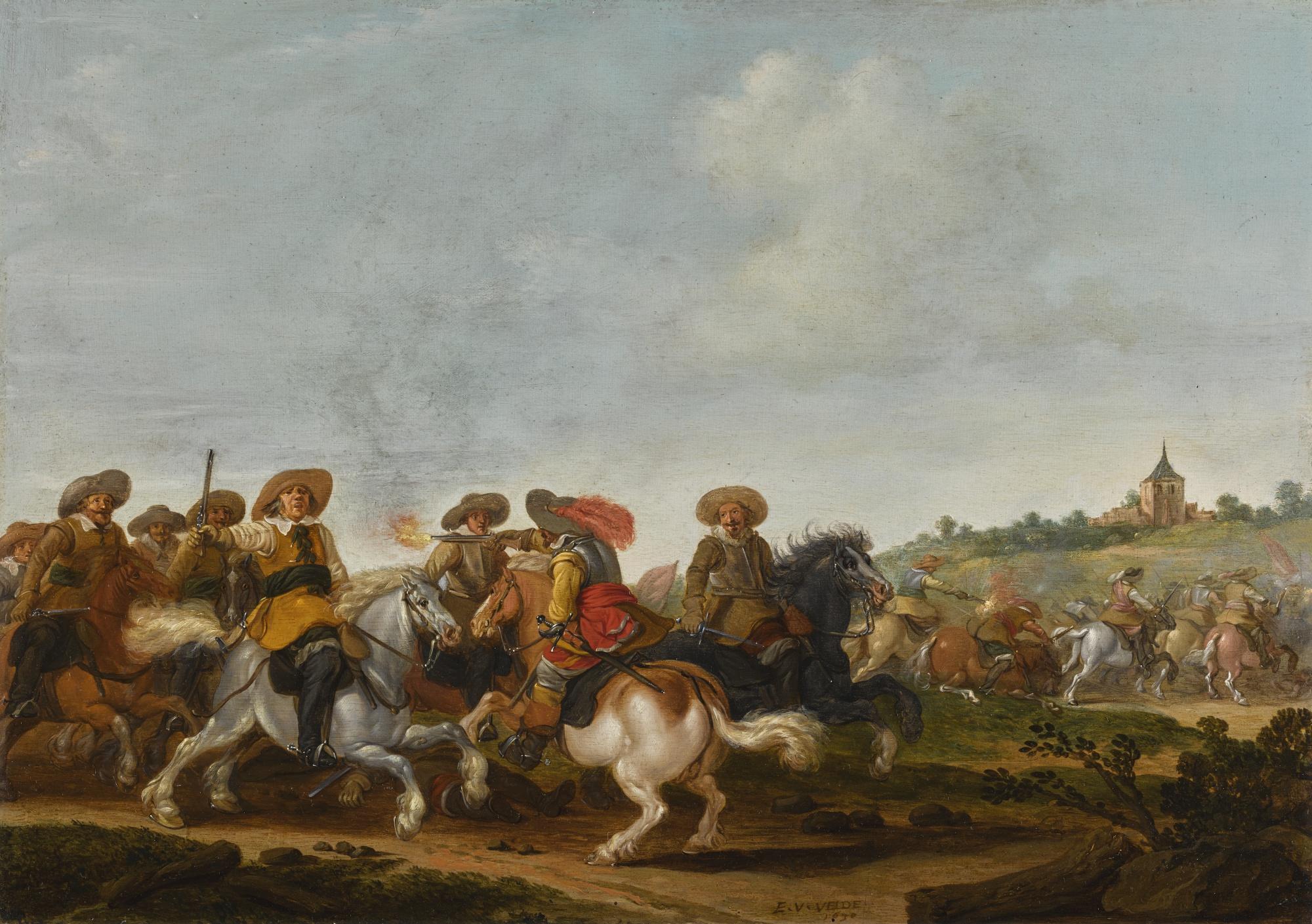 Esaias Van De Velde - A Cavalry Battle In A Landscape, A Church Beyond