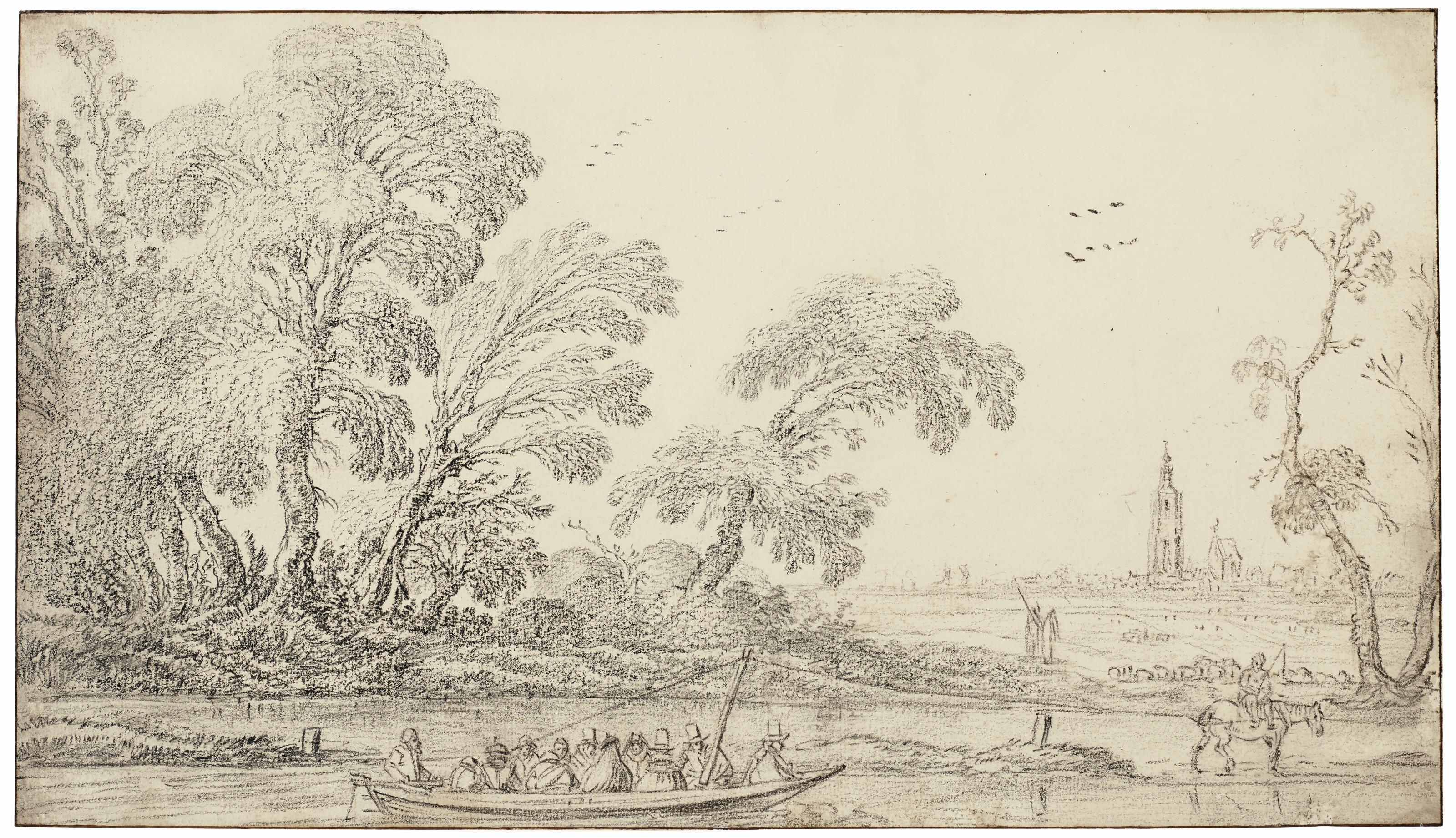 Esaias Van De Velde - A landscape with a horse-drawn ferry, the city of The Hague with the Grote Kerk beyond