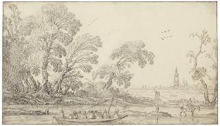 Esaias Van De Velde - A landscape with a horse-drawn ferry, the city of The Hague with the Grote Kerk beyond