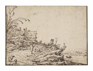 Esaias Van De Velde - A river landscape with a shepherd driving sheep up a hill towards houses