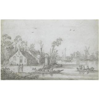 Esaias van de Velde - A River Scene With Rowing Boats, Cottages On The Shore And A Windmill In The Distance