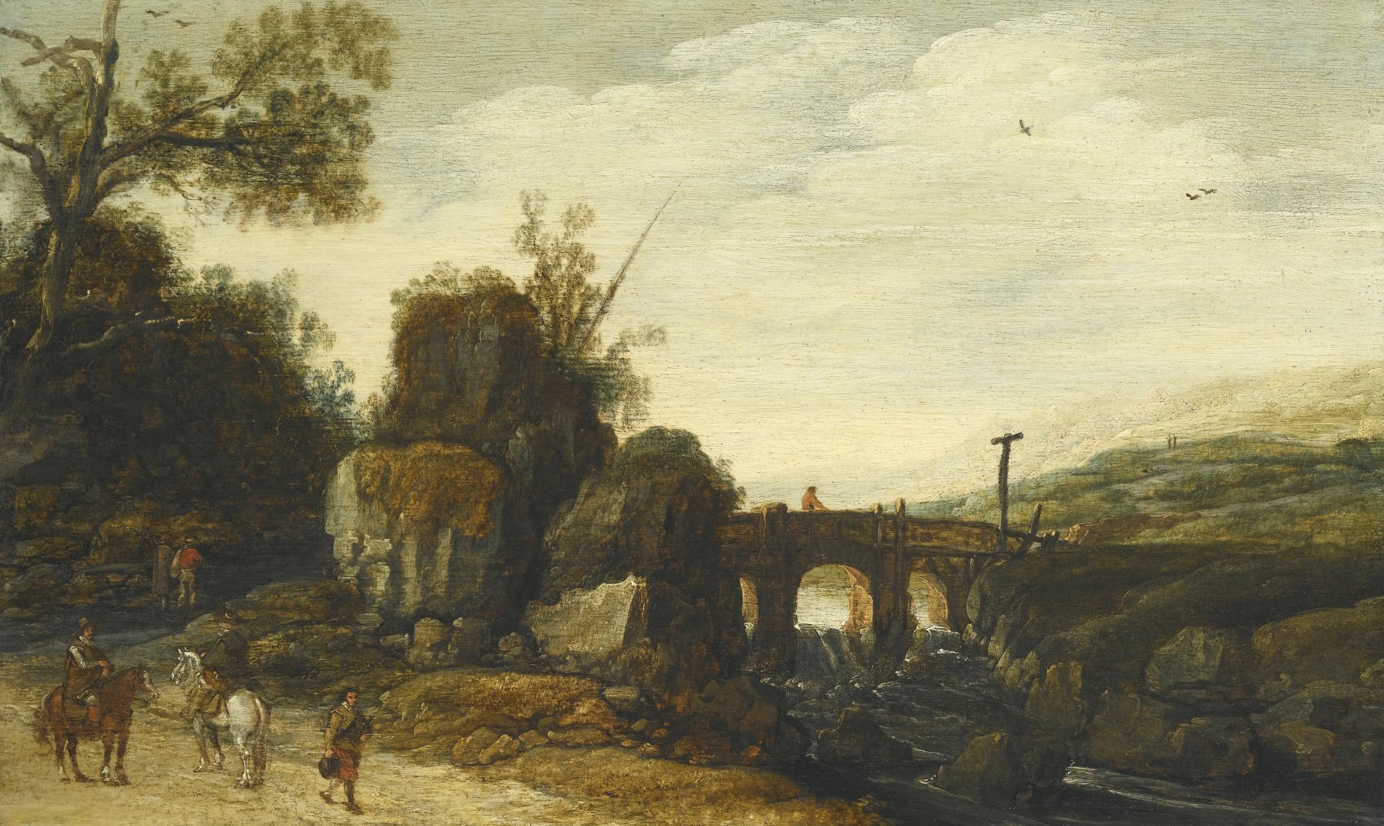 Esaias Van De Velde - A Rocky Landscape With A Bridge Over A River, Figures On A Path And On Horseback In The Foreground