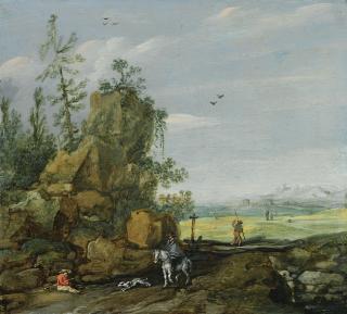 Esaias Van De Velde - A Rocky Landscape With Travellers And A Horseman On A Path, A View Of A Town In The Distance