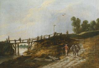 Esaias Van De Velde - A Traveller And His Pack Horse Walking Along A Sandy Path Beside A Stream, A Rickety Wooden Bridge In The Distance With A Second Figure Standing Near A Wooden Crucifix