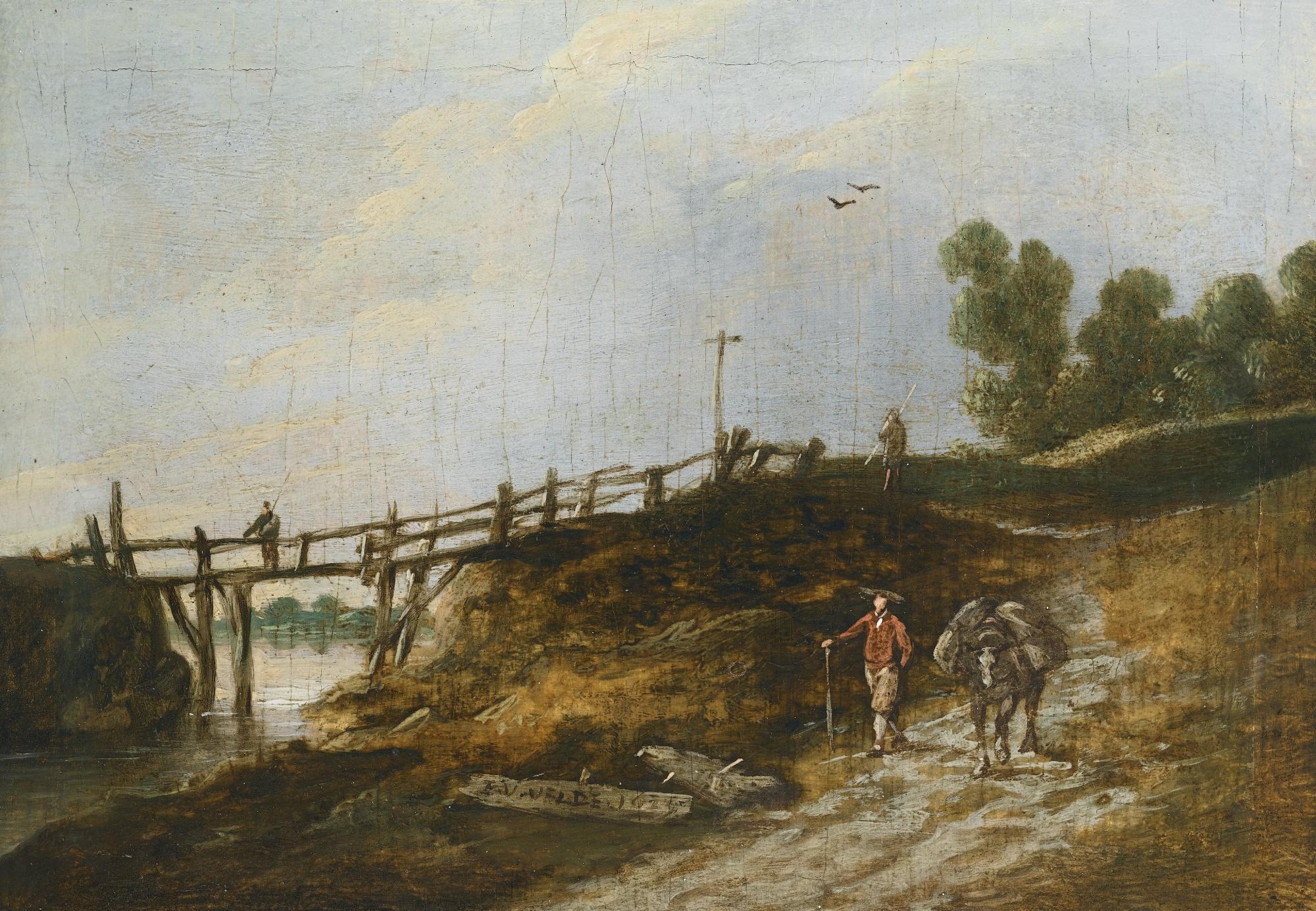 Esaias Van De Velde - A Traveller And His Pack Horse Walking Along A Sandy Path Beside A Stream, A Rickety Wooden Bridge In The Distance With A Second Figure Standing Near A Wooden Crucifix