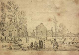 Esaias van de Velde - A village scene with harvesters and a horseman on a track, a field with hay stooks seen beyond
