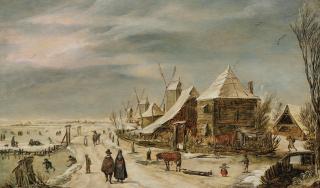 Esaias Van De Velde - A winter landscape with a farmhouse, windmills and figures