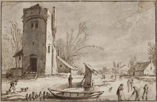 Esaias Van De Velde - A winter landscape with a tower, kolf players on a frozen river in the foreground