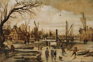 Esaias van de Velde - A Winter Landscape With Figures Skating On A Frozen Canal