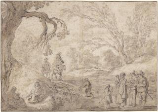 Esaias Van De Velde - A wooded landscape with riders approaching a group of gypsies