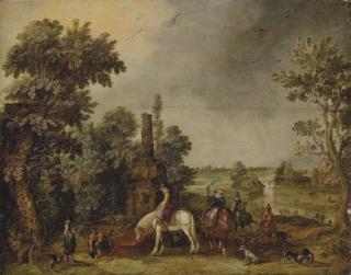 Esaias Van De Velde - An Extensive Landscape With A Hunting Party Halting By A Classical Fountain