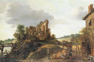 Esaias van de Velde - An extensive landscape with soldiers resting by a tavern, a horse and cart and other figures on a road and a ruin on a hilltop beyond