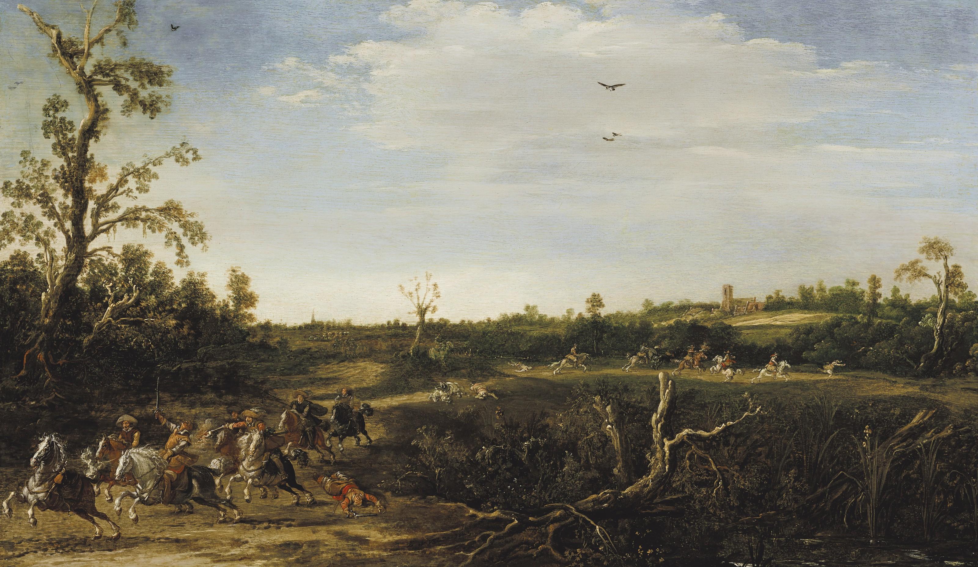 Esaias Van De Velde - An open landscape with brigands attacking travelers