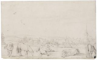 Esaias van de Velde - Horses In A Field Before A Town, Probably The Horse Fair At Valkenburg Outside The Hague