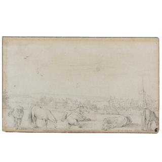 Esaias van de Velde - Horses In A Field Before A Town, Probably The Horse Fair At Valkenburgh Outside The Hague