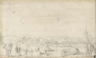 Esaias Van De Velde - Horses in a field before a town, probably the Horse Fair at Valkenburgh outside The Hague