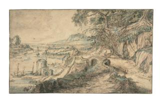 Esaias van de Velde - Landweg in einer hügeligen Lanschaft mit einem Fluss.