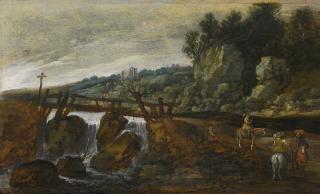 Esaias van de Velde - Rolling Landscape With Cavaliers Near A Bridge Over A Waterfall