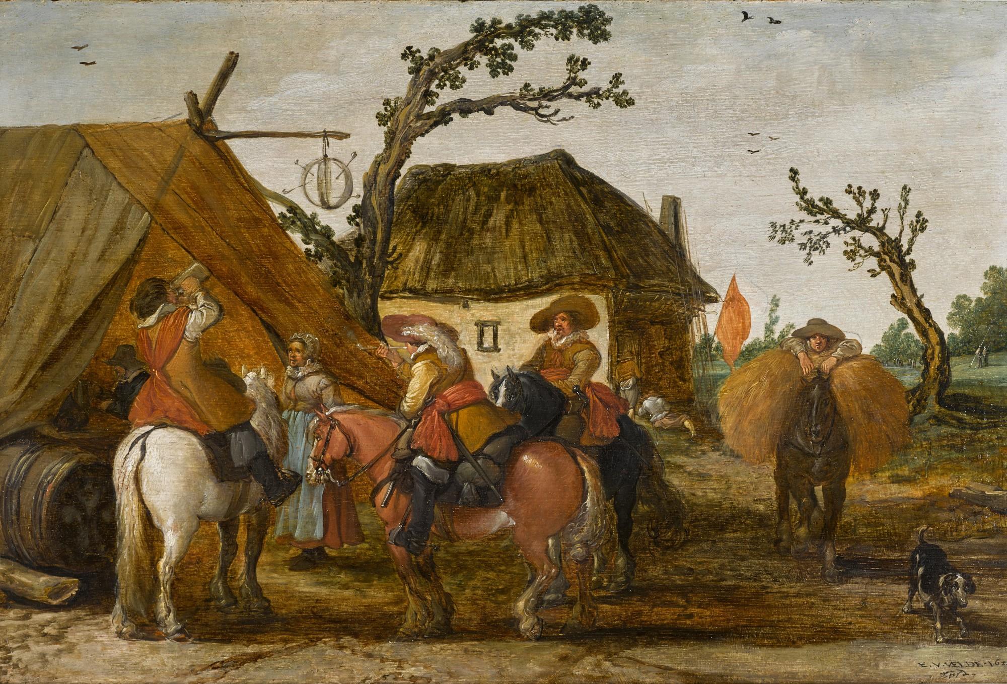 Esaias van de Velde - Travellers at an inn, drinking and smoking on horseback