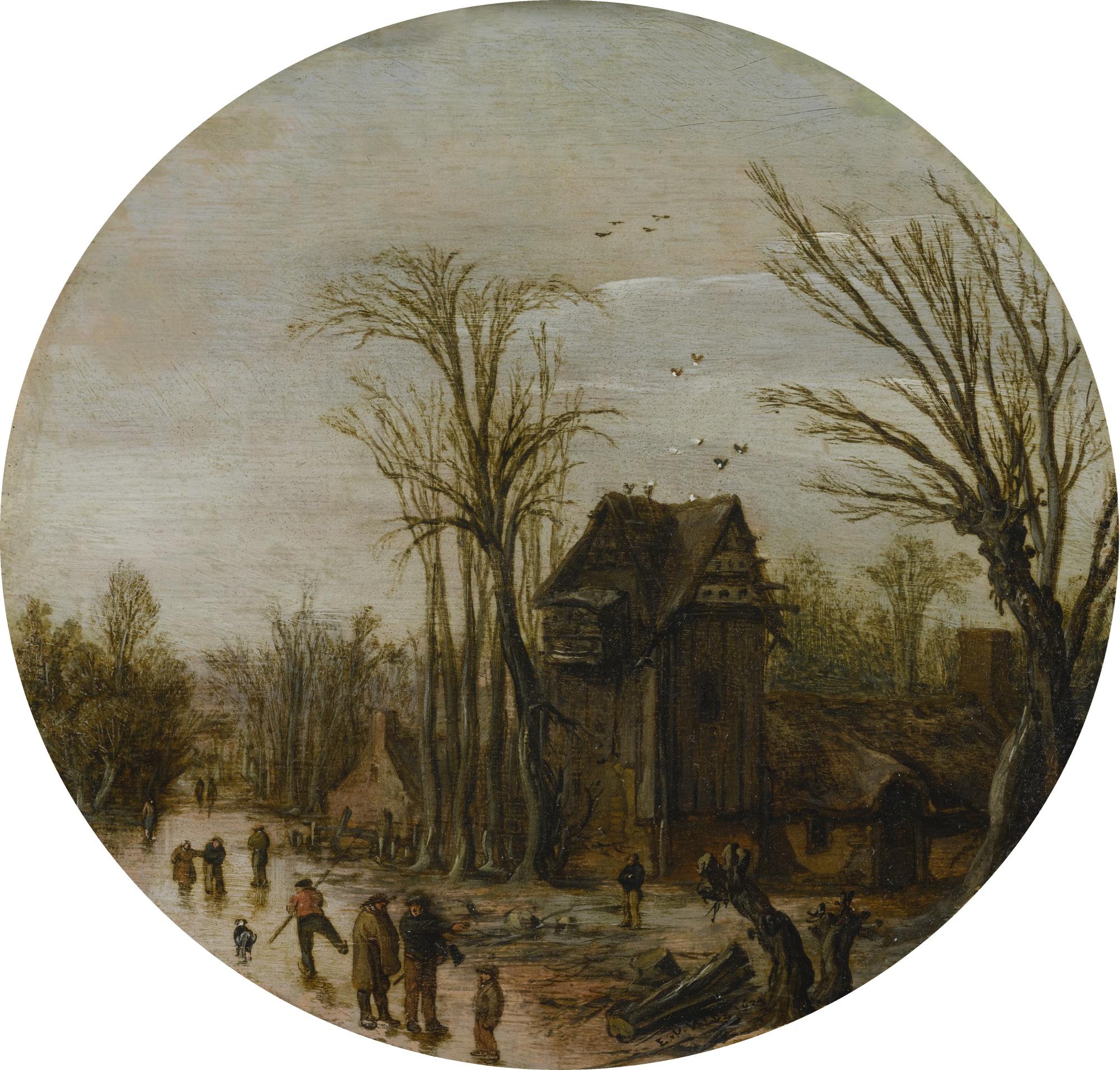 Esaias Van De Velde - Village Landscape With A Dovecote And Ice Skaters On A Frozen Canal