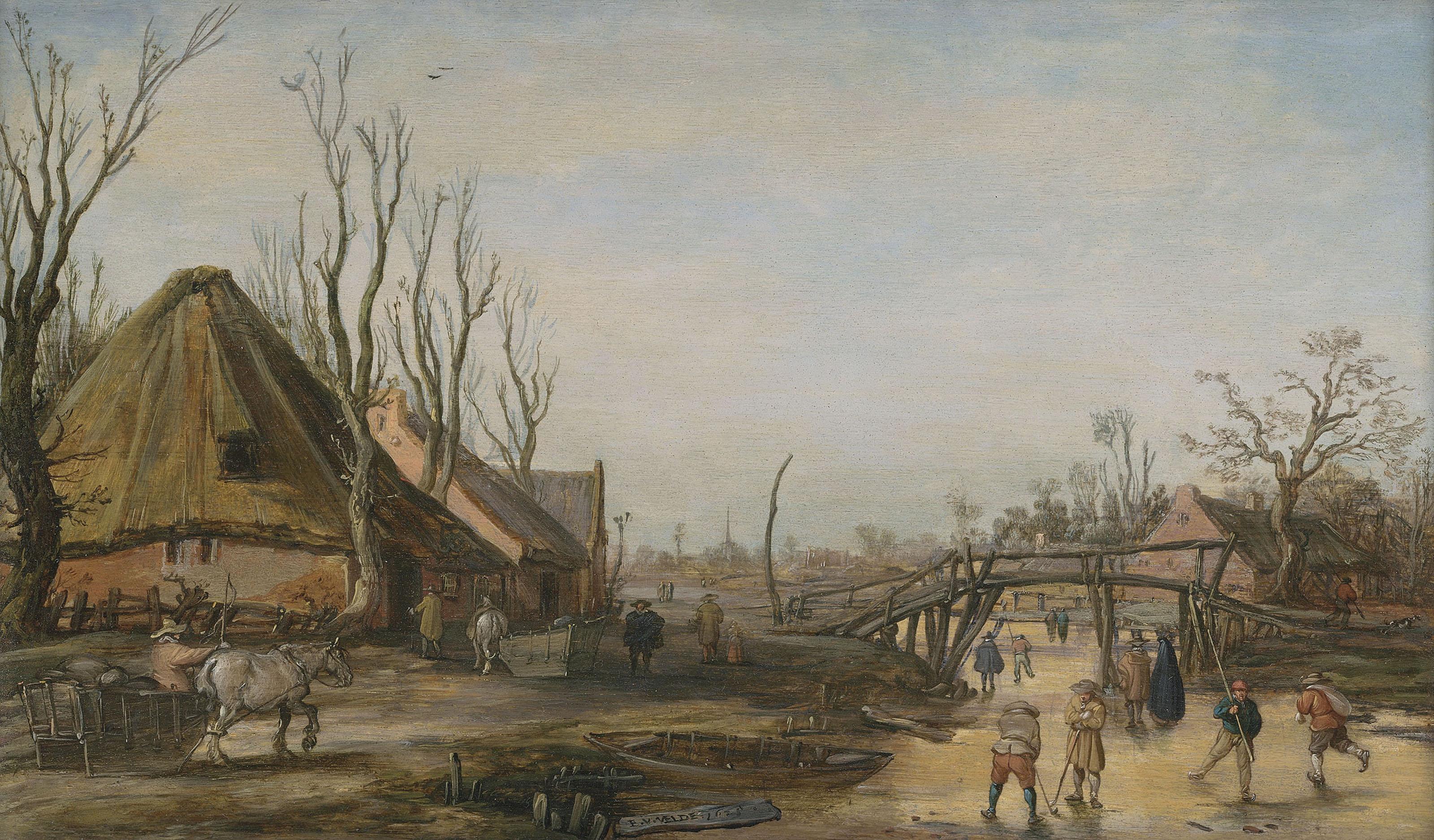 Esaias Van De Velde - Winter landscape with a farmhouse, skaters and kolf players on a frozen stream