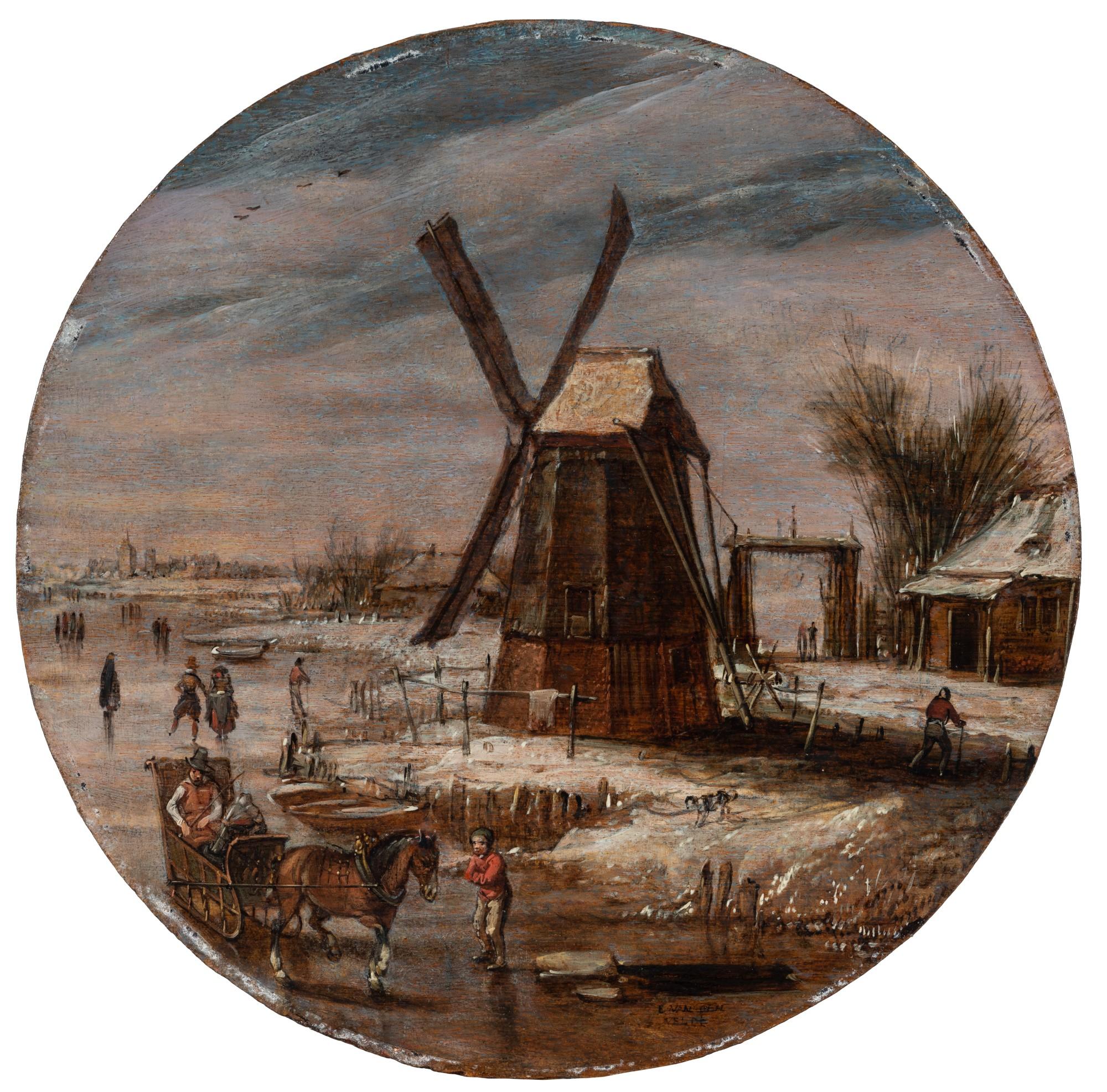 Esaias van de Velde - Winter landscape with an elegant couple in a horse-drawn sledge on a frozen waterway by a windmill
