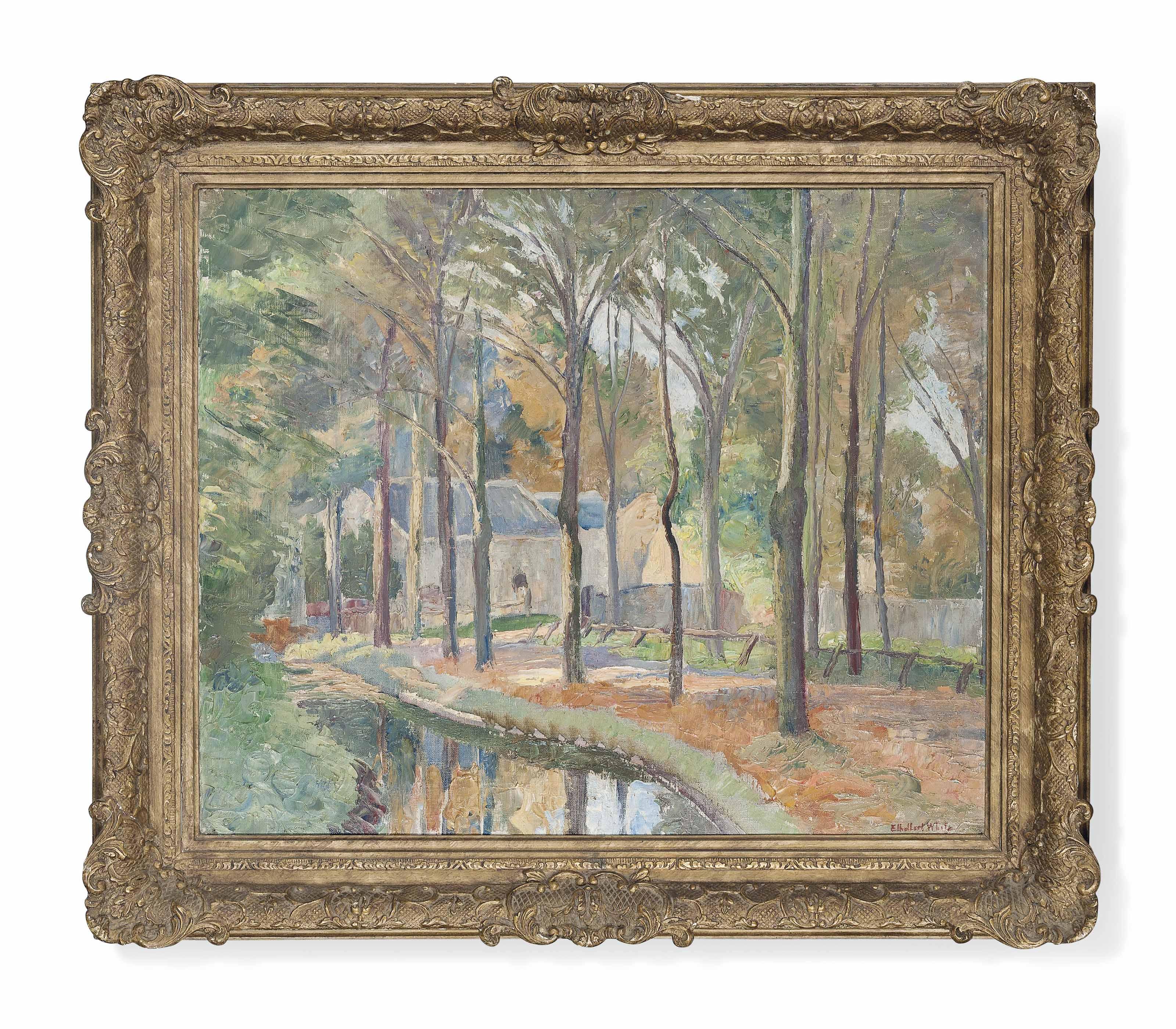 Ethelbert White - A Quiet Stream With Houses In The Background