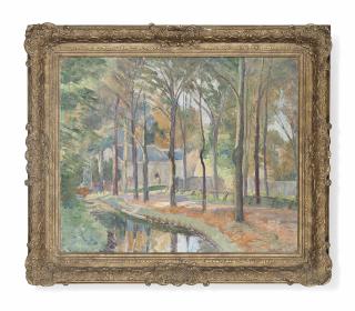 Ethelbert White - A Quiet Stream With Houses In The Background