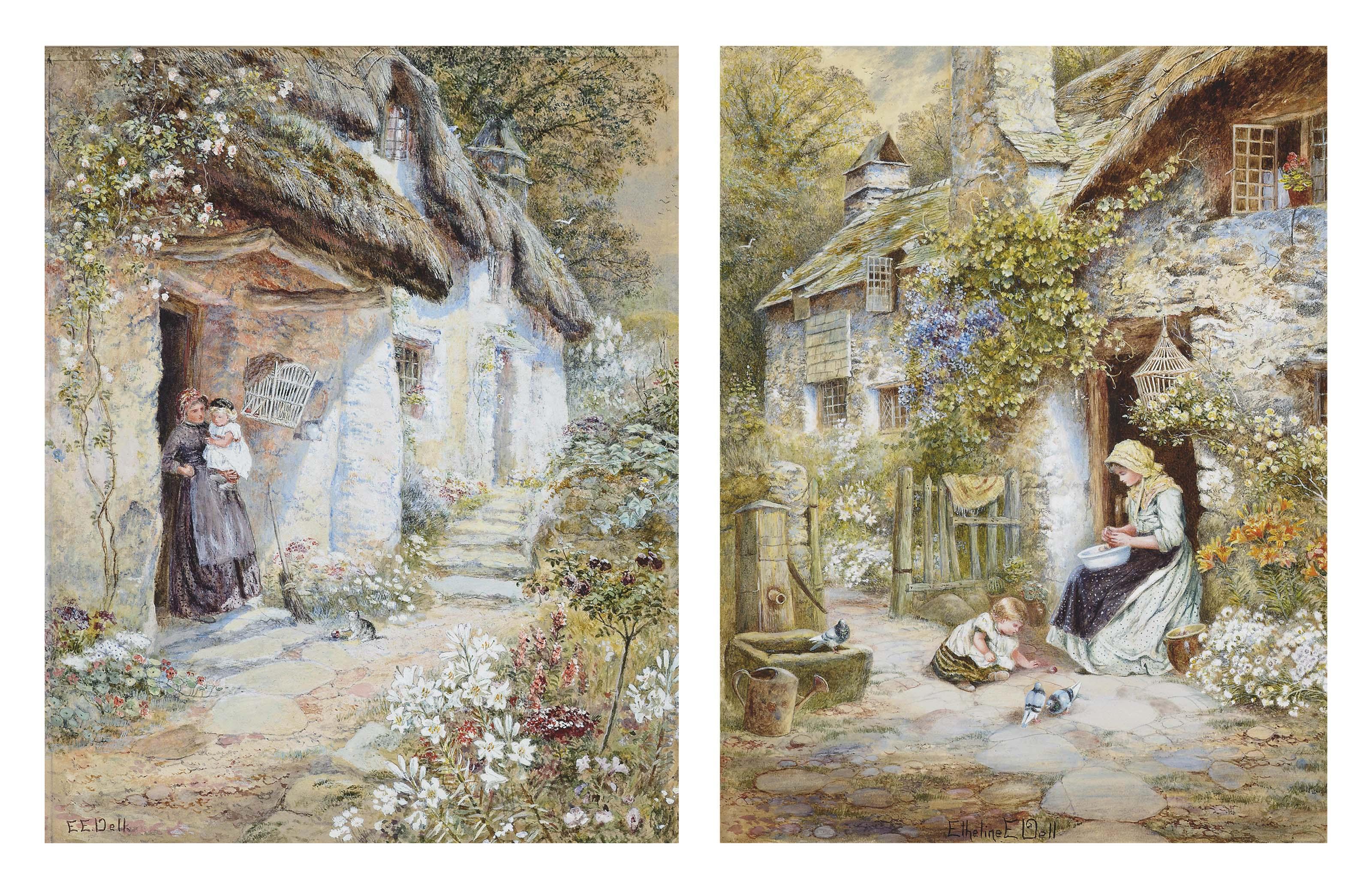 Ethelene Eva Dell - Peeling vegetables; and a Mother and child at a Devonshire cottage door