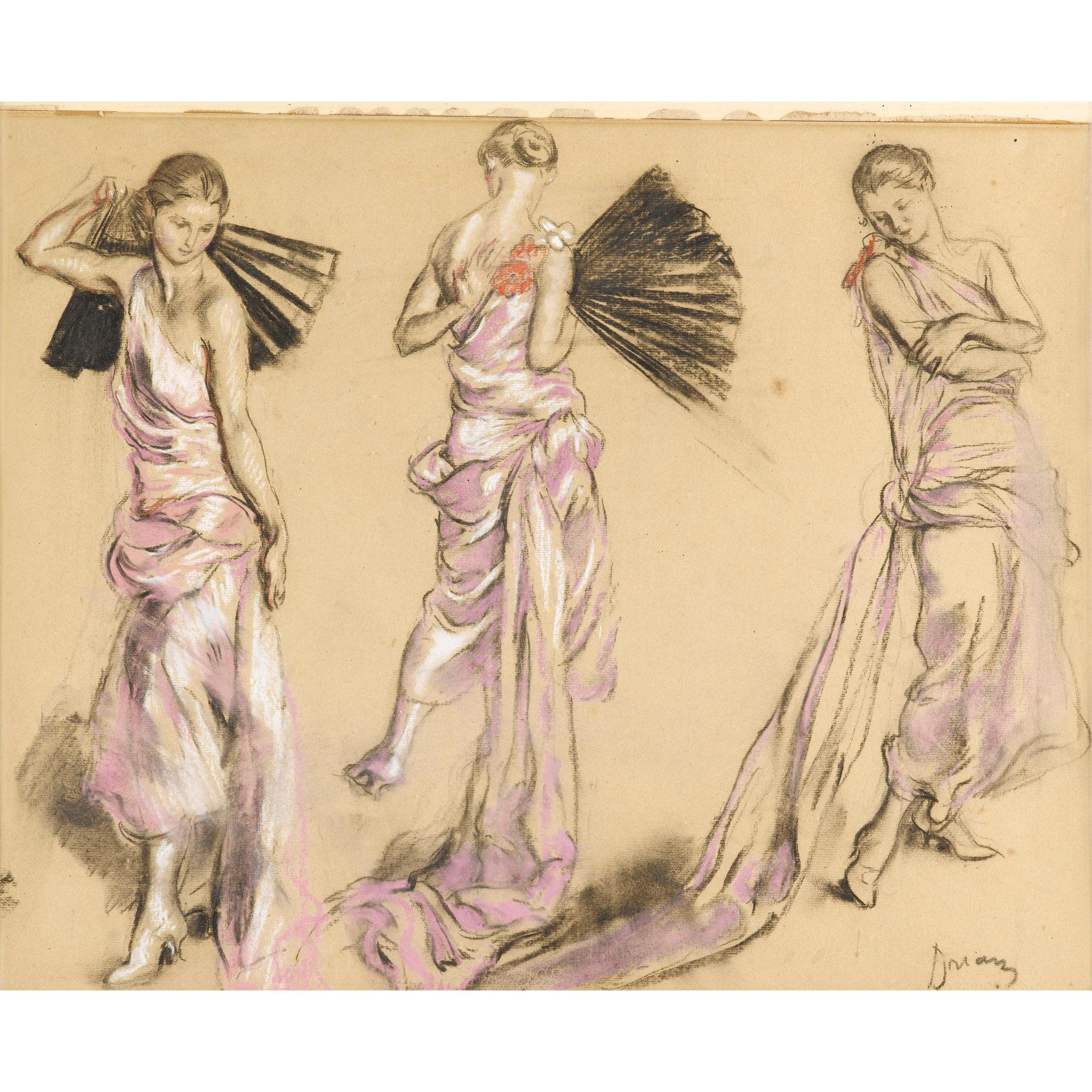 Etienne-Adrien Drian - Etudes De Femme À La Robe Rose Et À L\'Éventail