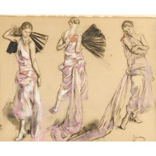 Etienne-Adrien Drian - Etudes De Femme À La Robe Rose Et À L\'Éventail