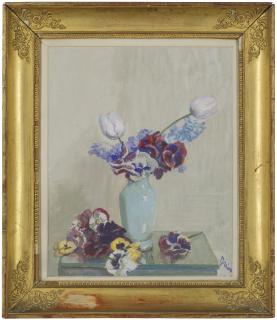 Etienne-Adrien Drian - Tulips And Primulas In A Blue Vase On A Table