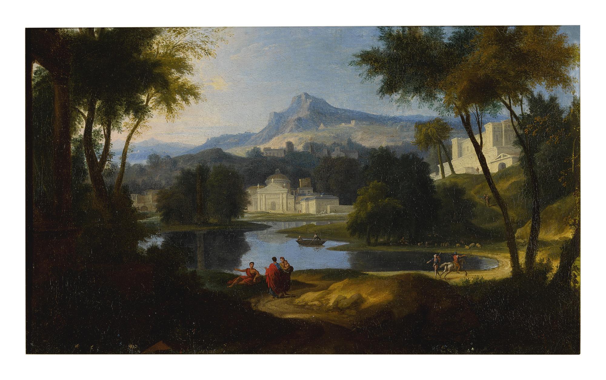 Étienne Allegrain - A Landscape With Figures Resting By The Water, A Town With Classical Architecture Beyond