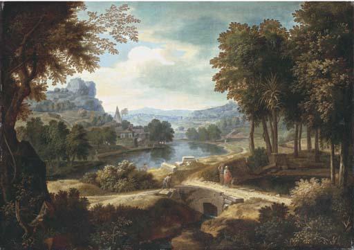 Etienne Allegrain - An Extensive River Landscape With Peasants On A Path
