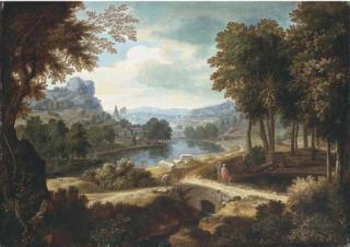 Etienne Allegrain - An Extensive River Landscape With Peasants On A Path