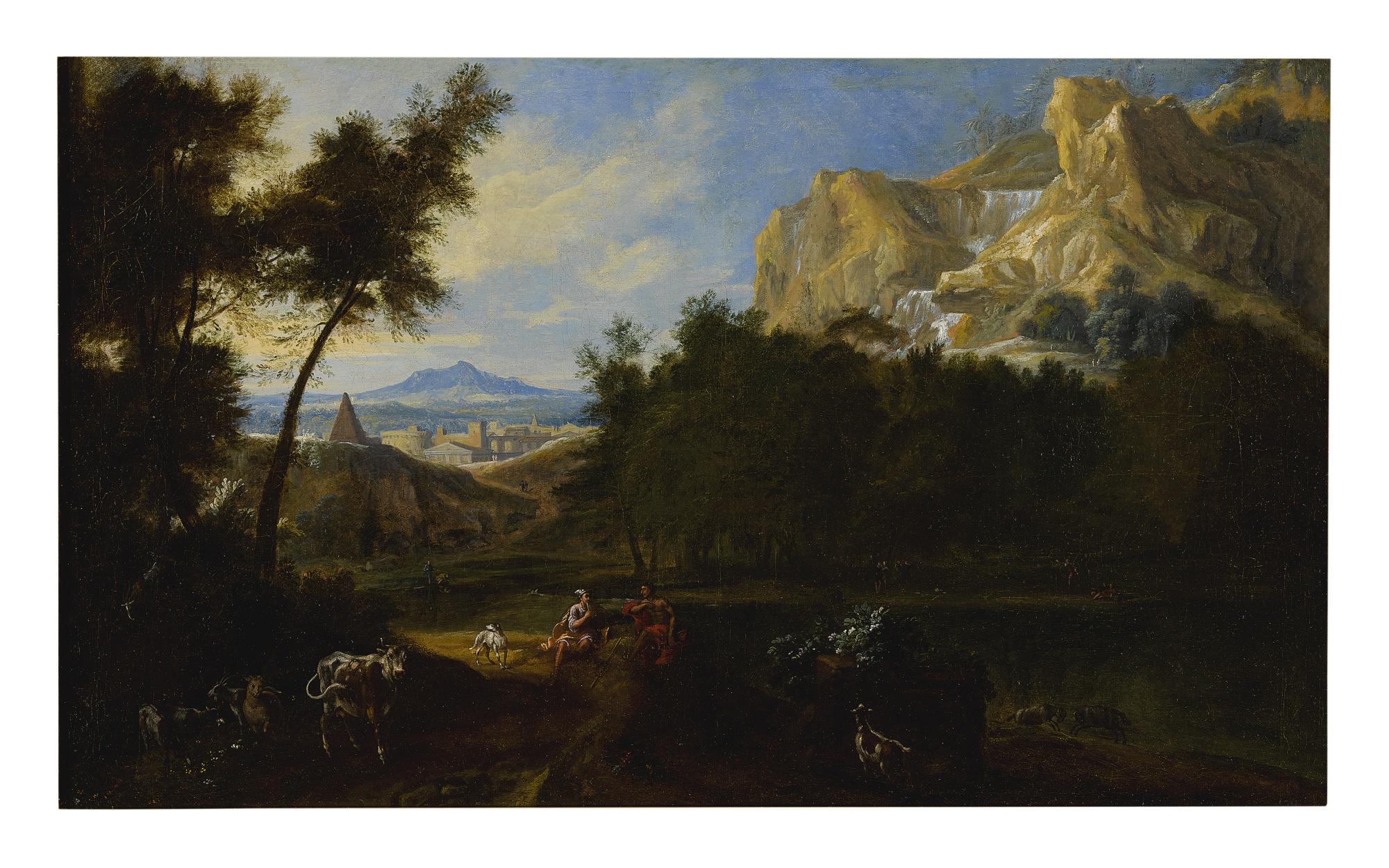 Étienne Allegrain - An Italianate Landscape With Figures On The Foreground, A City And Waterfall Beyond