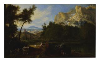 Étienne Allegrain - An Italianate Landscape With Figures On The Foreground, A City And Waterfall Beyond
