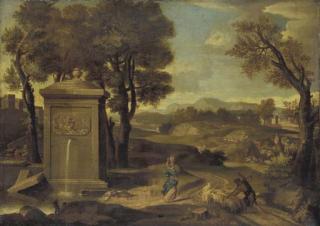 Etienne Allegrain - An Italiante landscape with a shepherd and his flock