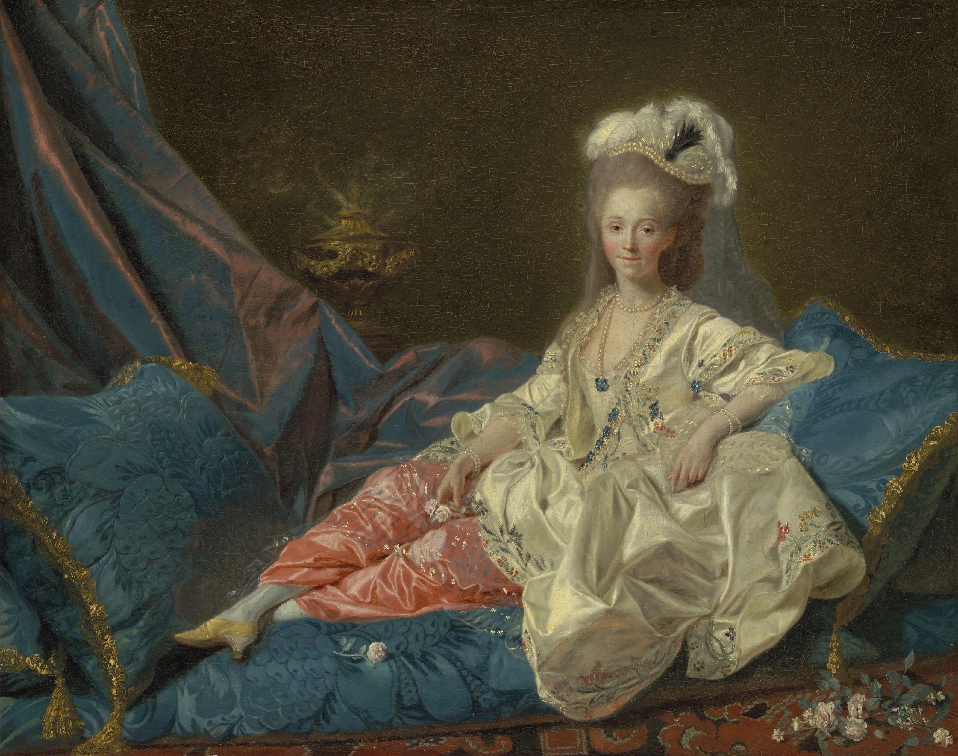 Étienne Aubry - \'La Turque\', presumed portrait of Mademoiselle Duthé (1748-1830), mistress of the Comte d\'Artois, full-length, reclining on an \'ottomane\'