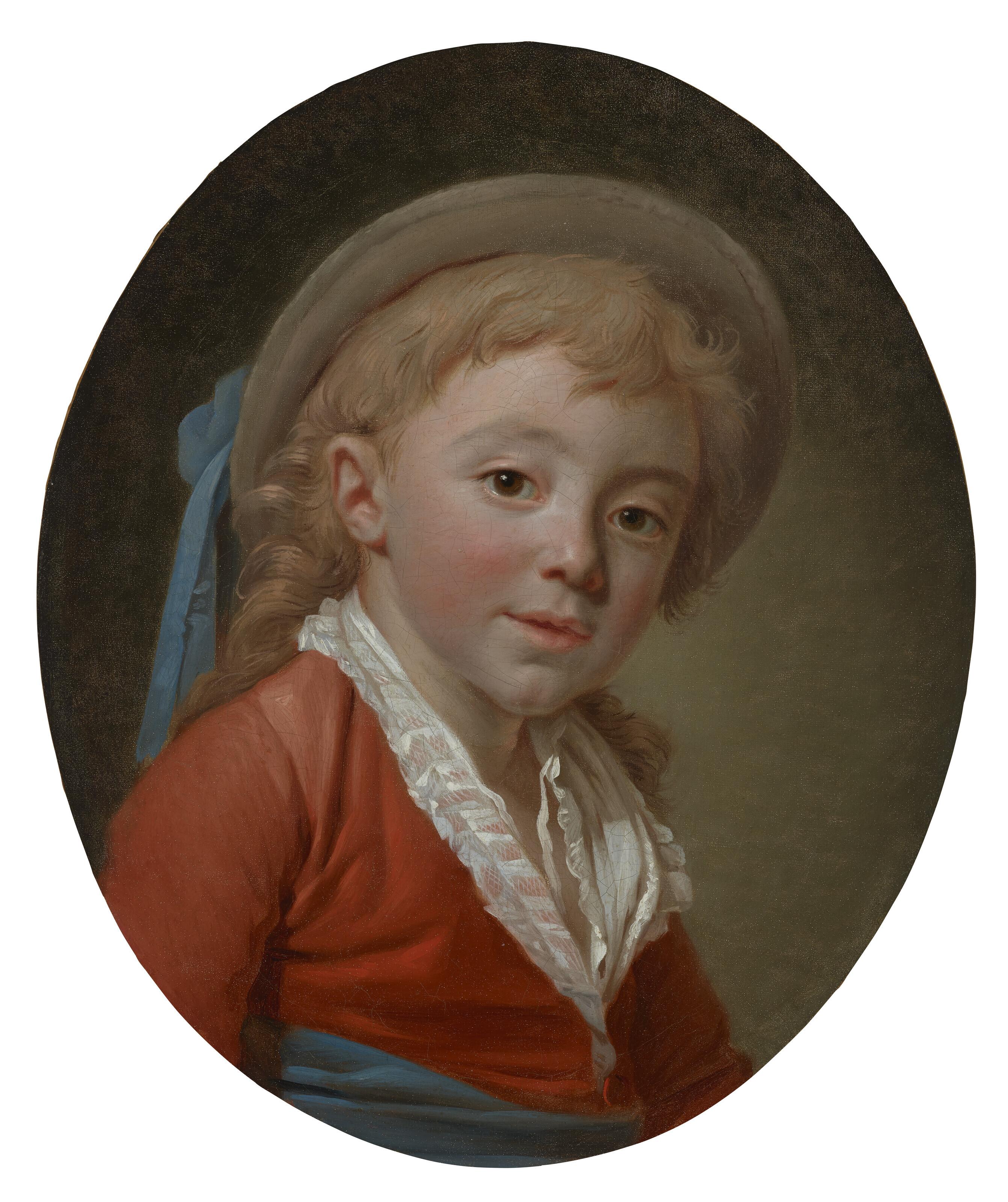 Etienne Aubry - Portrait of a boy, bust length, in a hat with a blue ribbon and sash