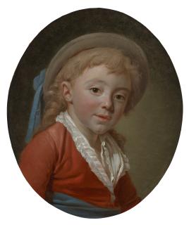 Etienne Aubry - Portrait of a boy, bust length, in a hat with a blue ribbon and sash