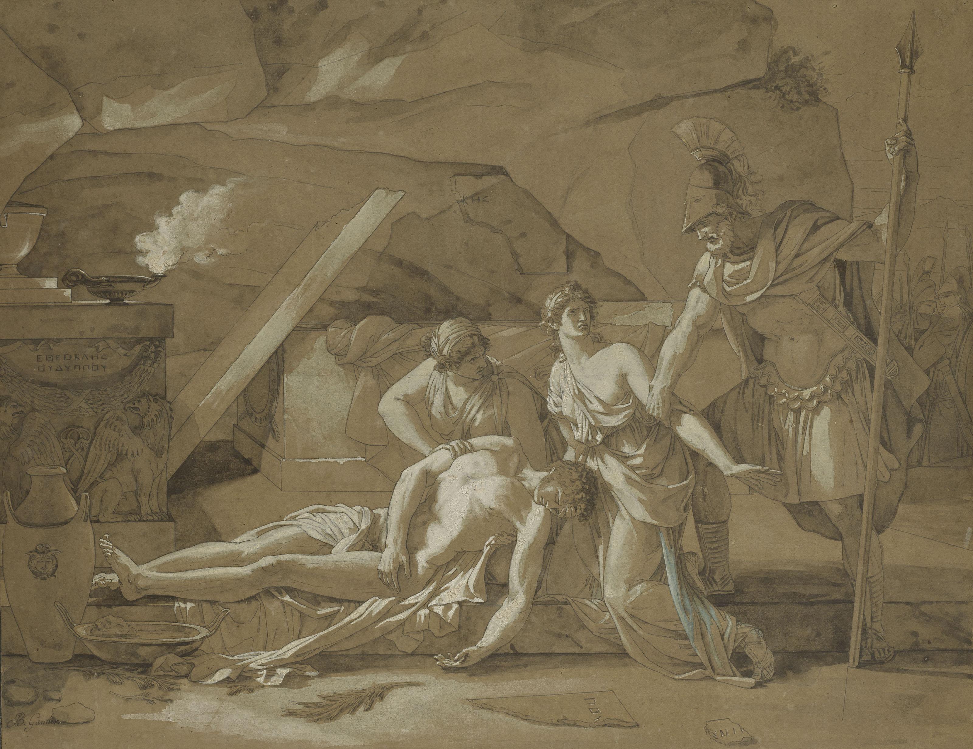 Étienne-Barthélémy Garnier - Antigone, rendant les derniers devoirs à son frère Polynice, est arrêtée par les soldats de Créon