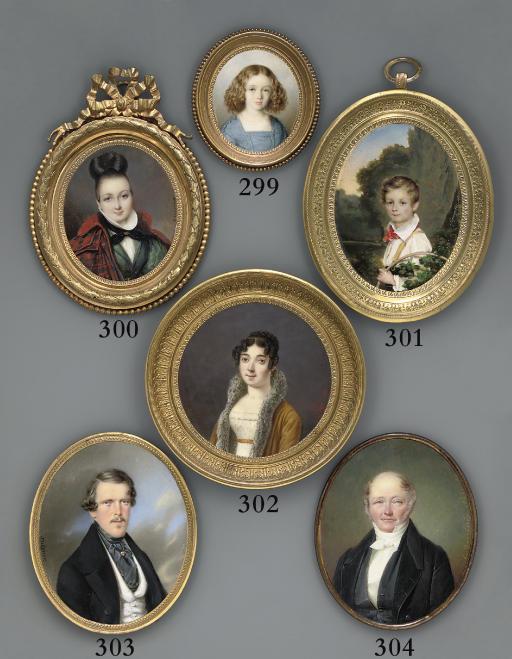 Etienne Bouchardy - A young lady, in green dress with puff sleeves, white shirt with pleated collar, gold brooch pinned to black scarf worn around her neck and wearing a red and blue tartan coat over her shoulders