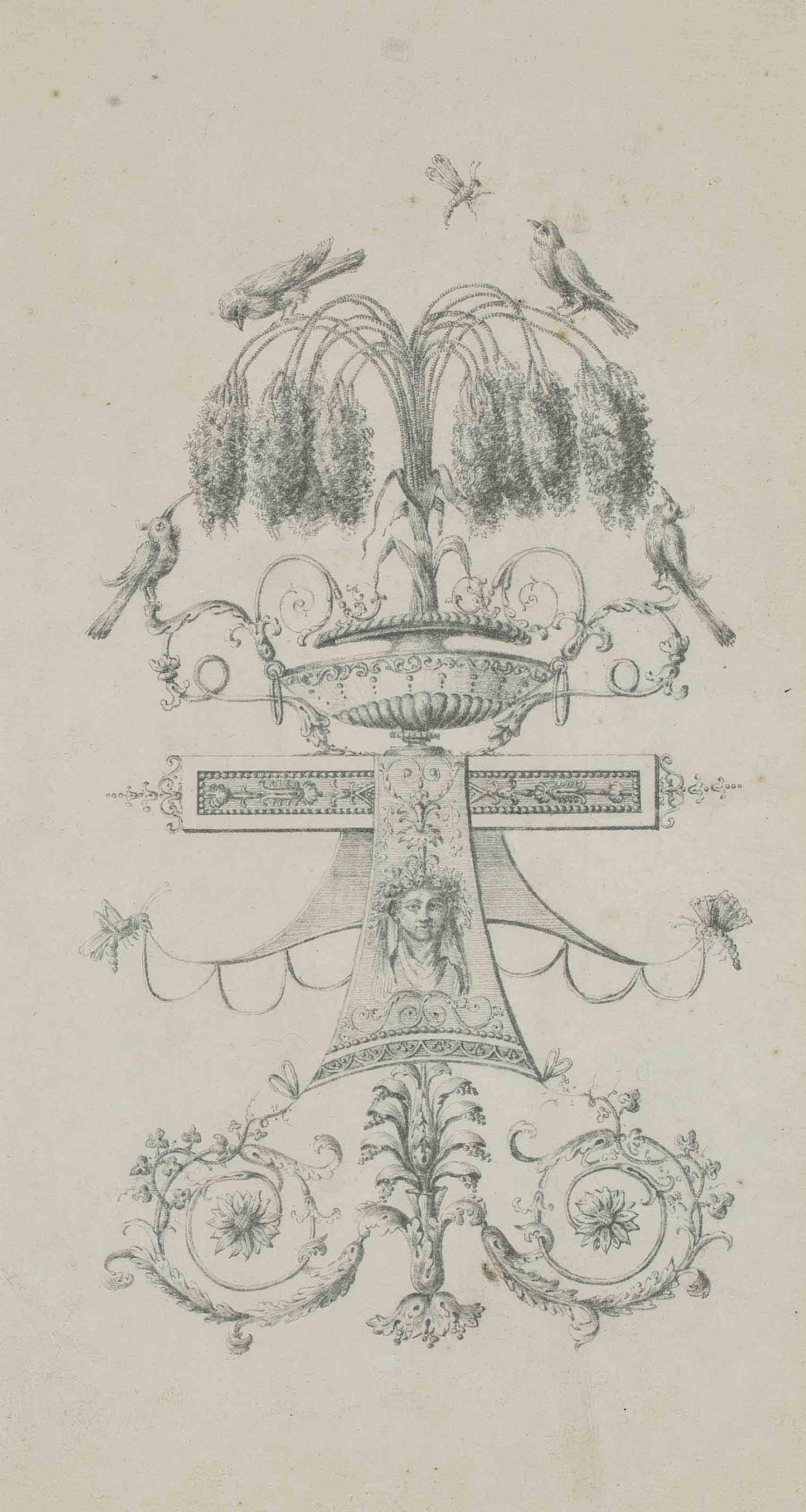 Etienne De Lavalle Poussin - Etude d\'arabesques avec un vase et des oiseaux