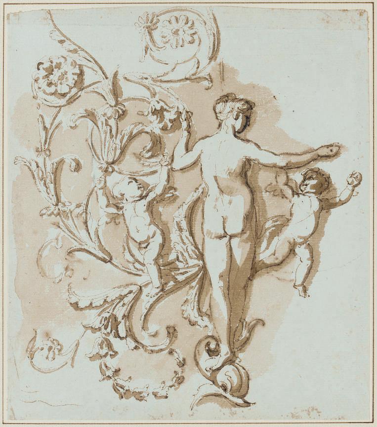 Etienne de Lavallée-Poussin - A female nude seen from behind, with two putti, among acanthus-leaf decoration