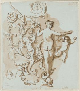Etienne de Lavallée-Poussin - A female nude seen from behind, with two putti, among acanthus-leaf decoration