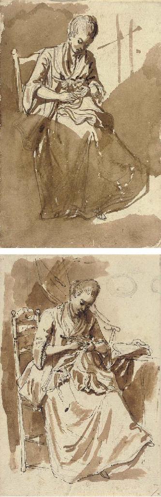 Étienne de Lavallée-Poussin - A seated woman sewing; and A seated woman working at her embroidery