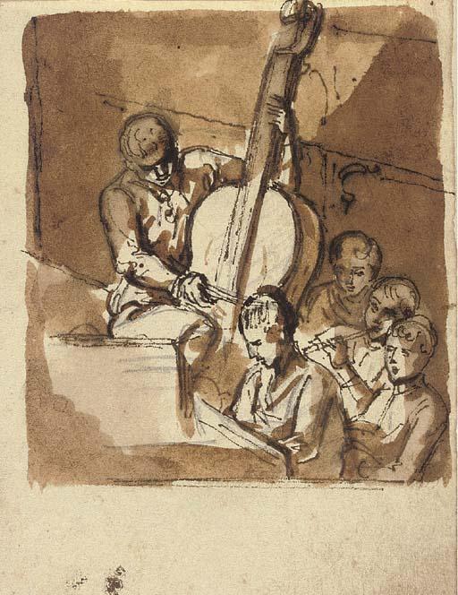 Étienne de Lavallée-Poussin - Musicians playing the double bass, flute and keyboard, and singing