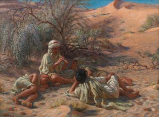 Etienne Dinet - Trois jeunes berberes couchées ecoutant une quatrieme assise jouant de la flute